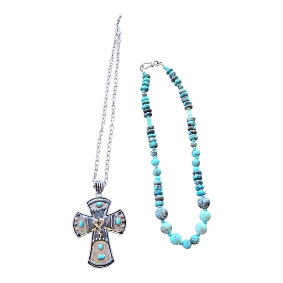 Turquoise Bead Necklace Silvertone Metal Cross Necklace 2 Piece Bundle - Picture 2 of 9